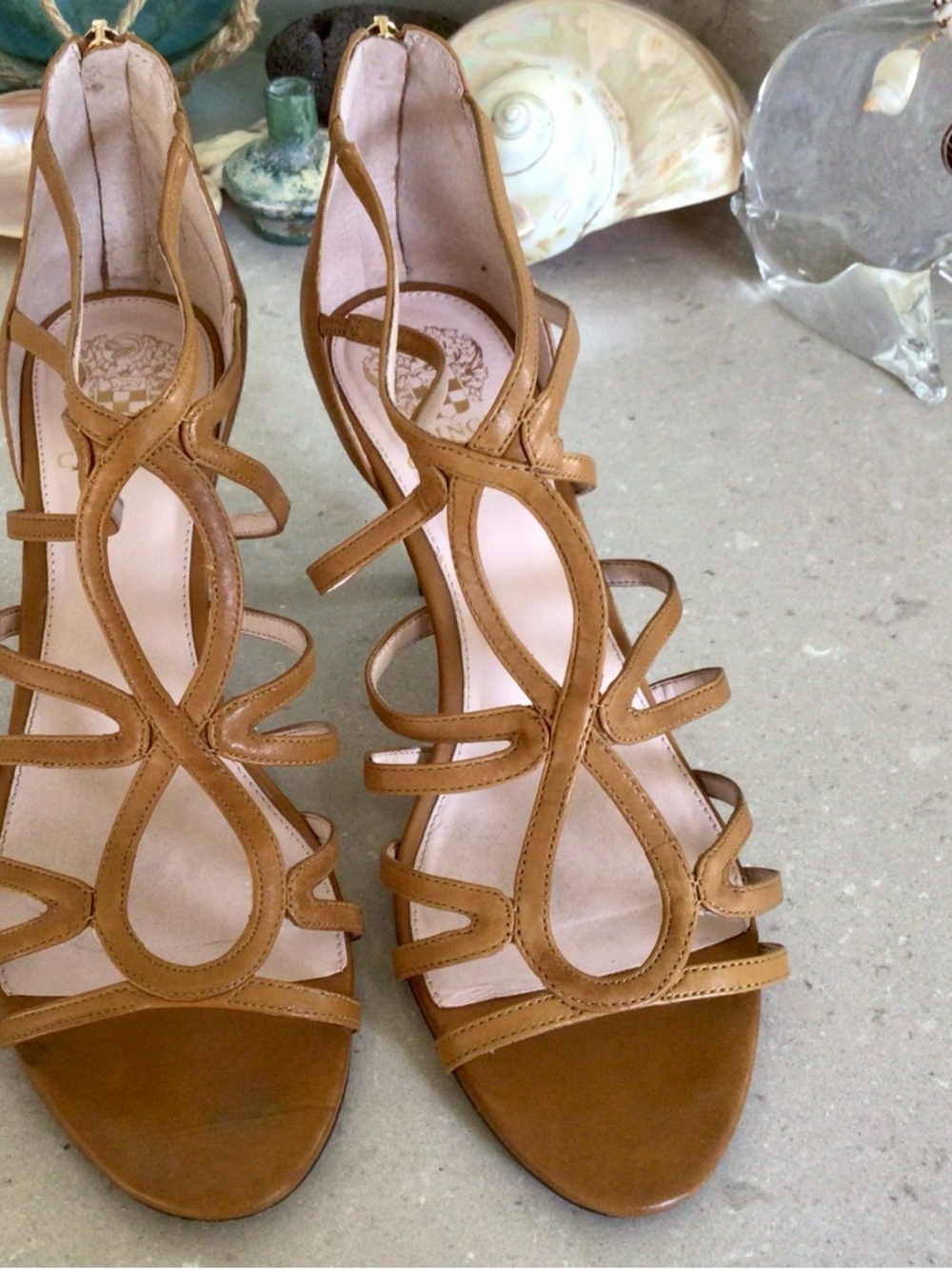 Vince Camuto Tan Strappy Sculptural Heel Sandals